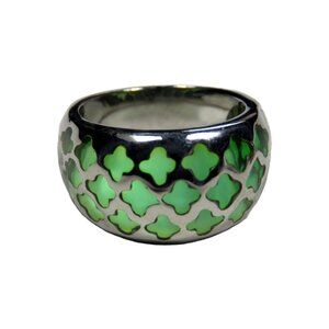 Inox Women's Polished Stainless Steel Ring with Green Accents, Size 7